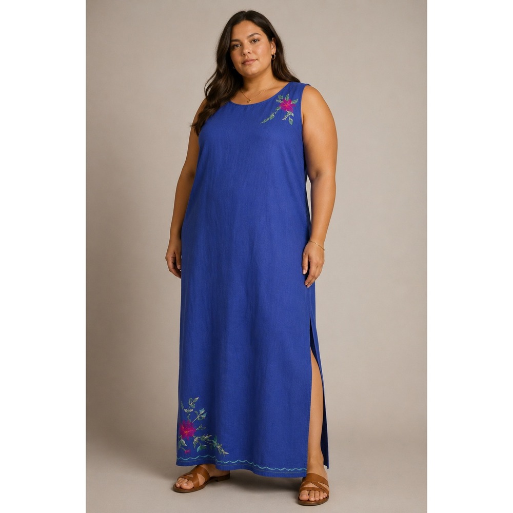 JM Collection Embroidered Maxi Dress 90s Boho Coastal Blue Linen Blend 2X